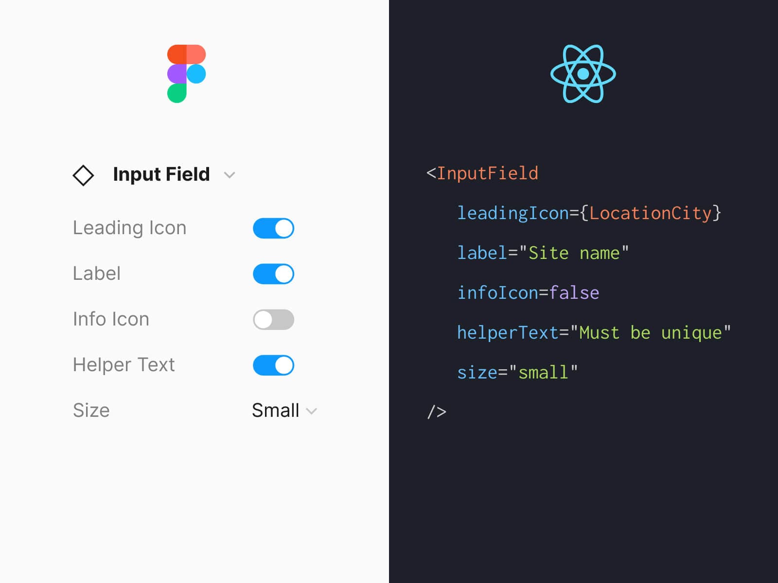 A comparison of the property structure of a component in Figma and in code.